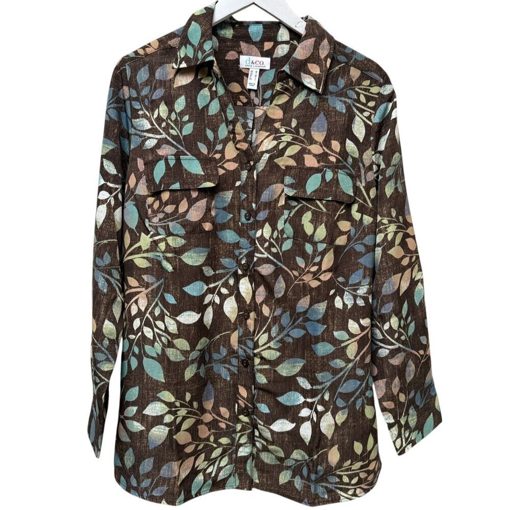 Denim & Co. Womens Top Medium Brown Leaf Print Button Up Shirt Long Sleeve NWOT